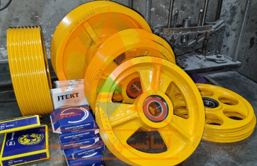 فلکه هرزگرد آسانسور قطر ۳۲ ۵ و ۶ و ۷ شیار ، بکسل ۸ ، گام ۱۳ ، شفت قطر ۵۰ و ۶۰